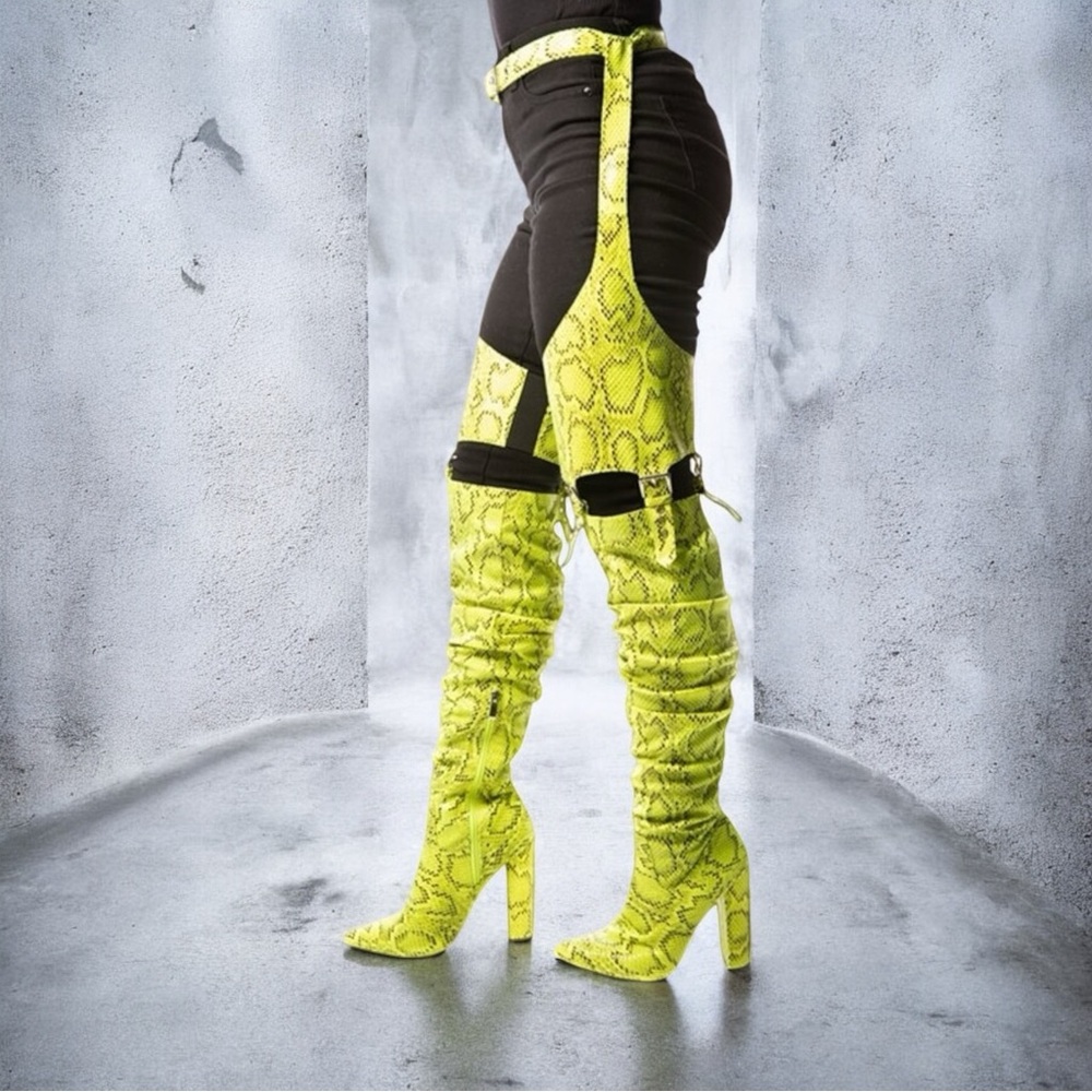 Lime Belted Thigh High Heel Chap Chunky Boots